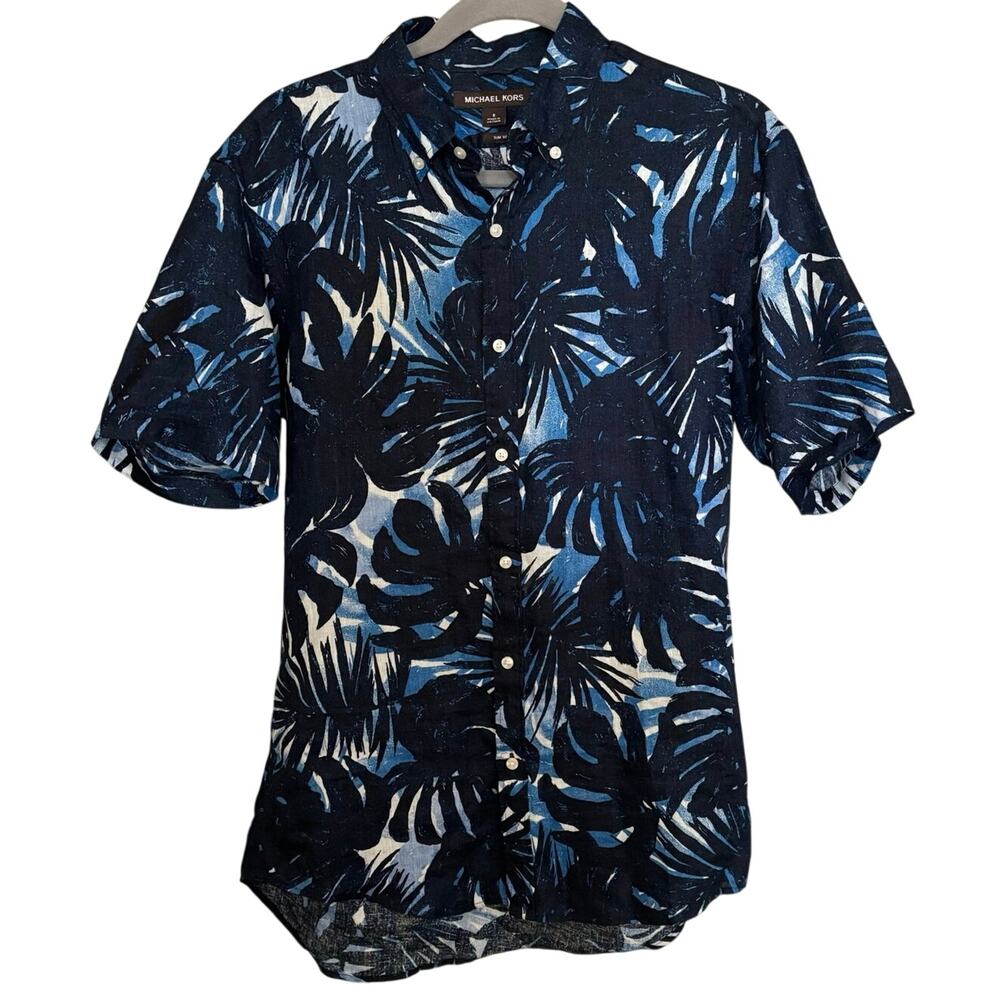 🌻2/$20 Michael Kors Size S Slim Fit Button Front Camp Shirt 100% Linen Tropical